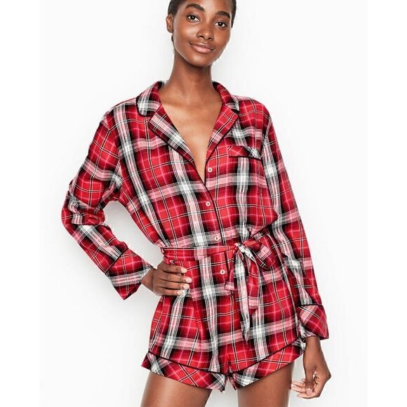 Victorias Secret Flannel Romper Lounge Pajama Sleep PJ Size S-M Red Plaid - Picture 1 of 11